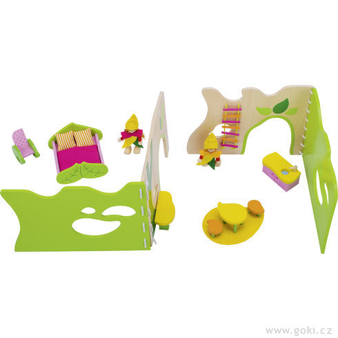 Lesní domeček – flexibilní domeček pro panenky s vybavením, 17 dílů - Goki