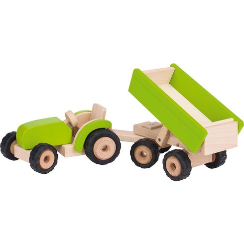 Zelený traktor s vlečkou, dřevěná hračka pro kluky - Goki