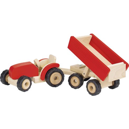 Červený traktor s vlečkou, dřevěná hračka pro kluky - Goki