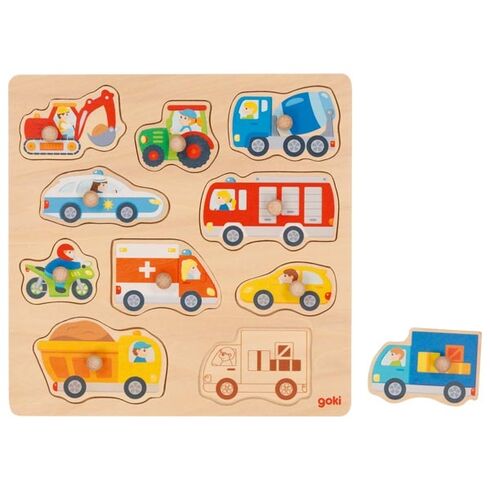 Dopravní prostředky – vkládací puzzle s obrázky na pozadí, 10 dílů - Goki