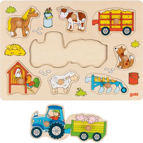 Traktor s vlečkou – vkládací puzzle s úchytkami, 9 dílů - Goki