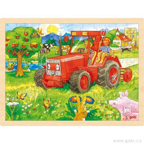 Puzzle na desce – Červený traktor, 96 dílů - Goki