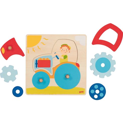 Nasunovací puzzle – Traktor s kolečky, 6 dílů - Goki