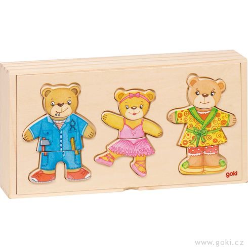 Rodina medvídci – oblékací puzzle ze dřeva, 12 motivů, 36 dílů - Goki
