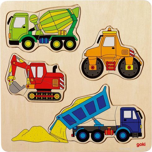 Dřevěné puzzle na desce – Stavební auta - Goki