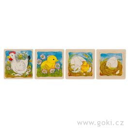 Slepička – vývojové vrstvené puzzle ze dřeva, 4 vrstvy, 44 díly