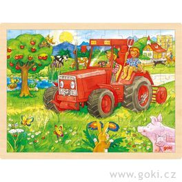 Puzzle na desce – Červený traktor, 96 dílů